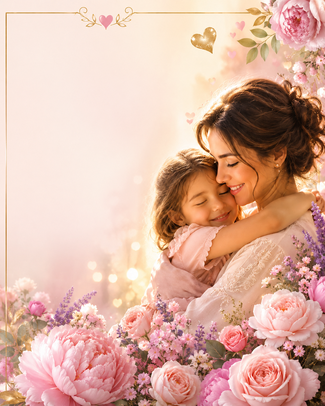 Madre abrazando a su hija rodeada de flores